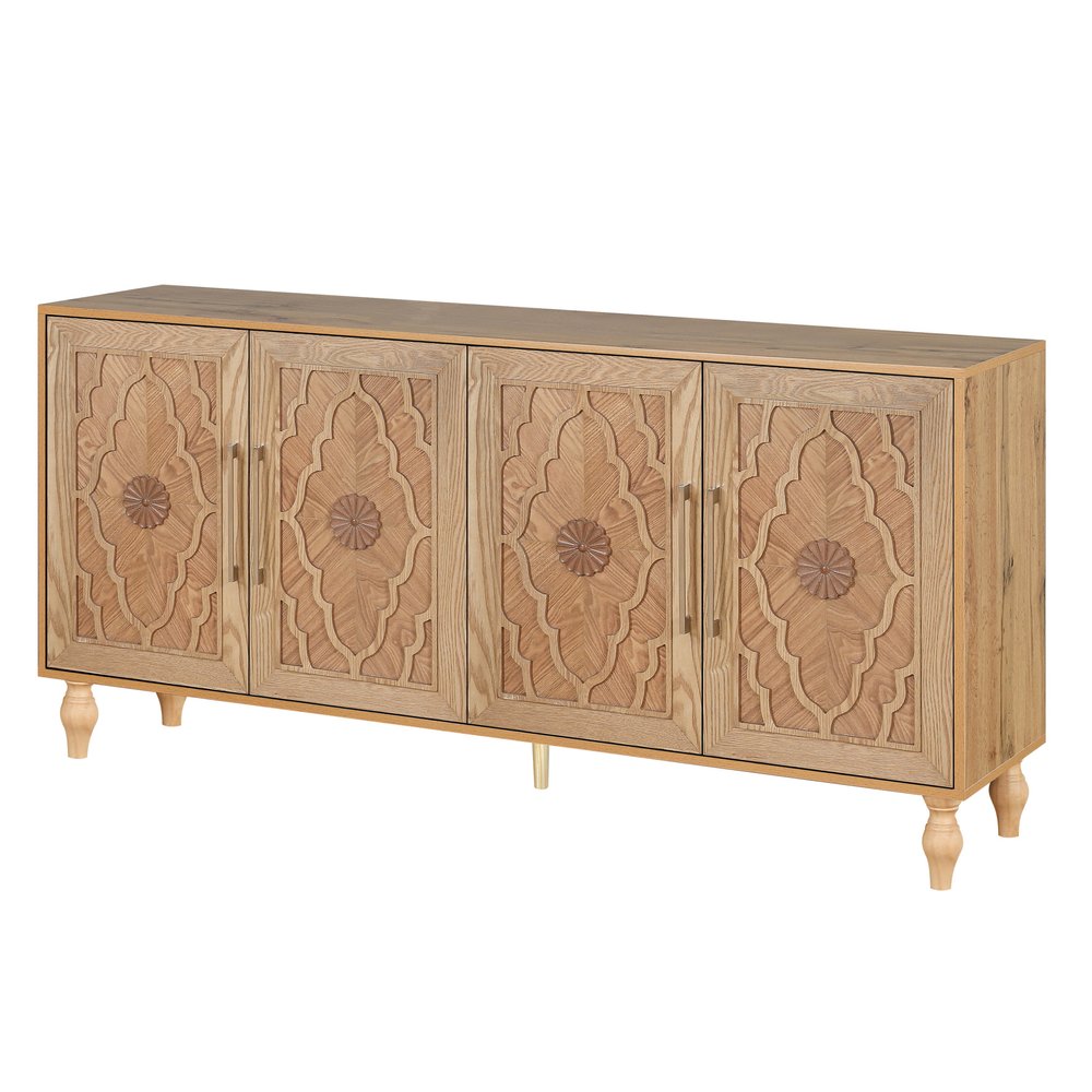 68" Natural Distressed Carved Geometric Sideboard with Four Doors HomeRoots