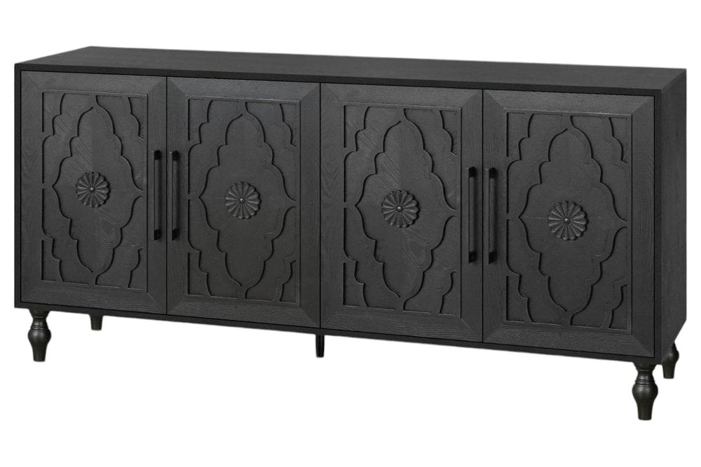 68" Black Distressed Carved Floral Sideboard with Four Doors HomeRoots