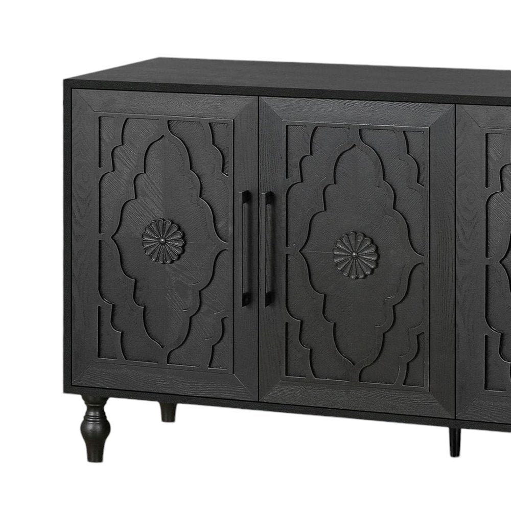 68" Black Distressed Carved Floral Sideboard with Four Doors HomeRoots