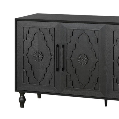 68" Black Distressed Carved Floral Sideboard with Four Doors HomeRoots