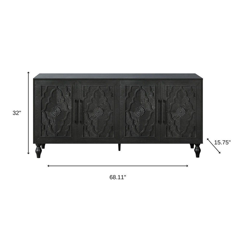 68" Black Distressed Carved Floral Sideboard with Four Doors HomeRoots