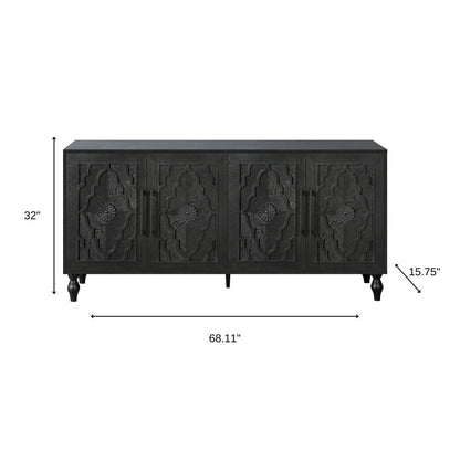 68" Black Distressed Carved Floral Sideboard with Four Doors HomeRoots