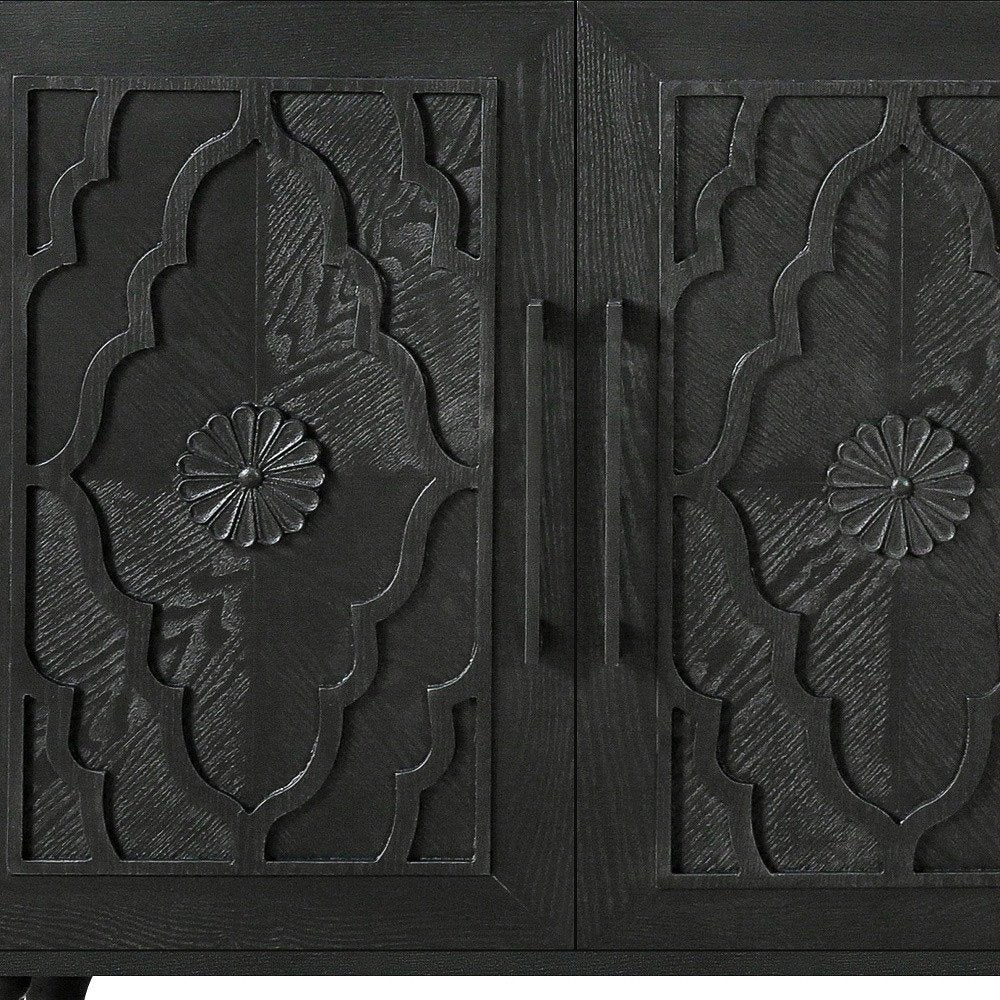 68" Black Distressed Carved Floral Sideboard with Four Doors HomeRoots