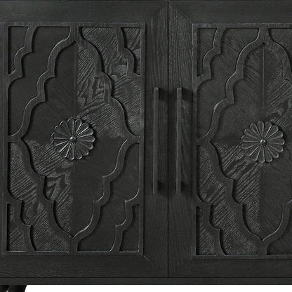 68" Black Distressed Carved Floral Sideboard with Four Doors HomeRoots