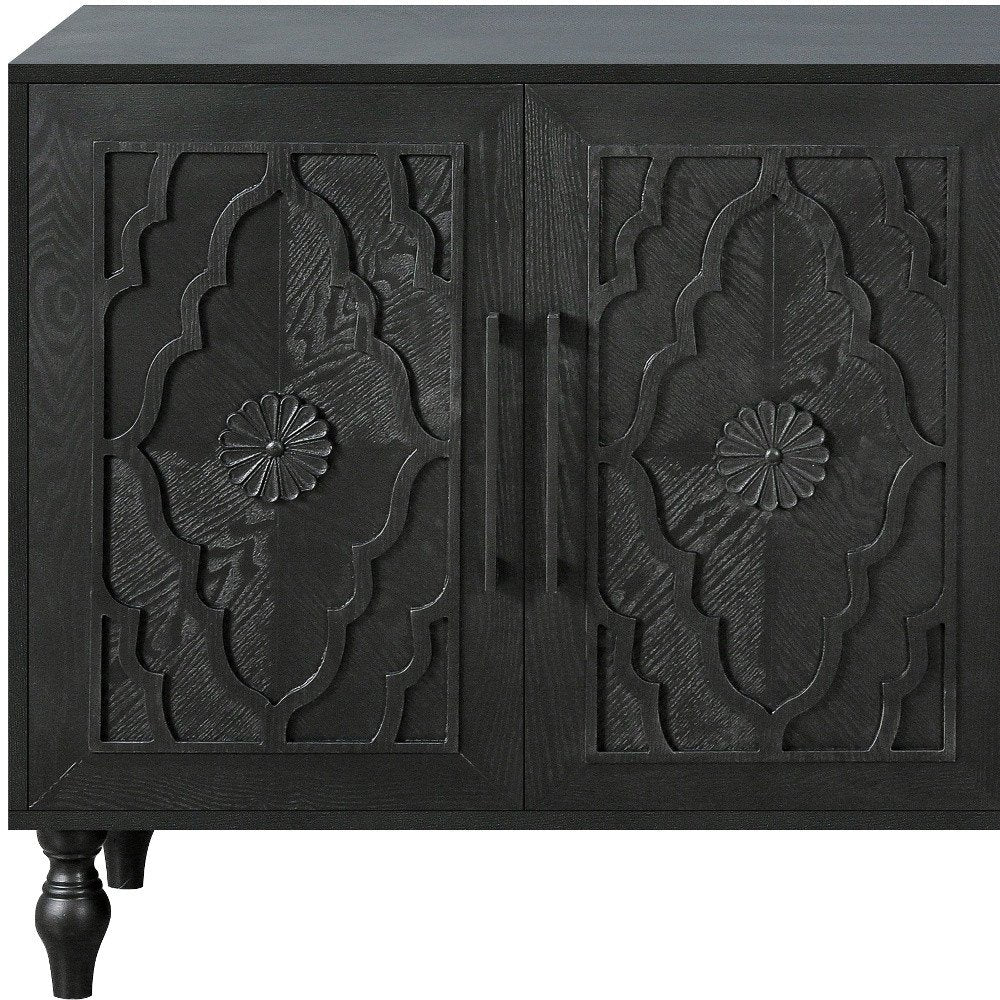 68" Black Distressed Carved Floral Sideboard with Four Doors HomeRoots