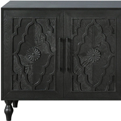 68" Black Distressed Carved Floral Sideboard with Four Doors HomeRoots