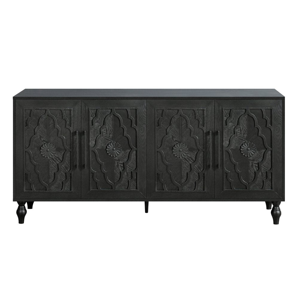 68" Black Distressed Carved Floral Sideboard with Four Doors HomeRoots