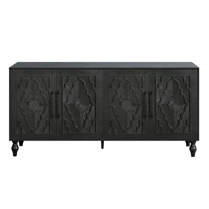 68" Black Distressed Carved Floral Sideboard with Four Doors HomeRoots