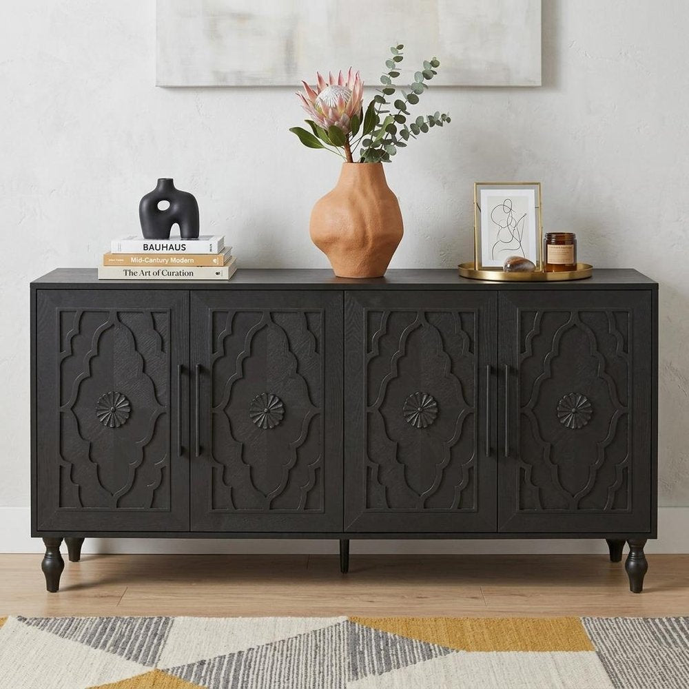 68" Black Distressed Carved Floral Sideboard with Four Doors HomeRoots