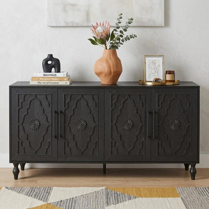 68" Black Distressed Carved Floral Sideboard with Four Doors HomeRoots