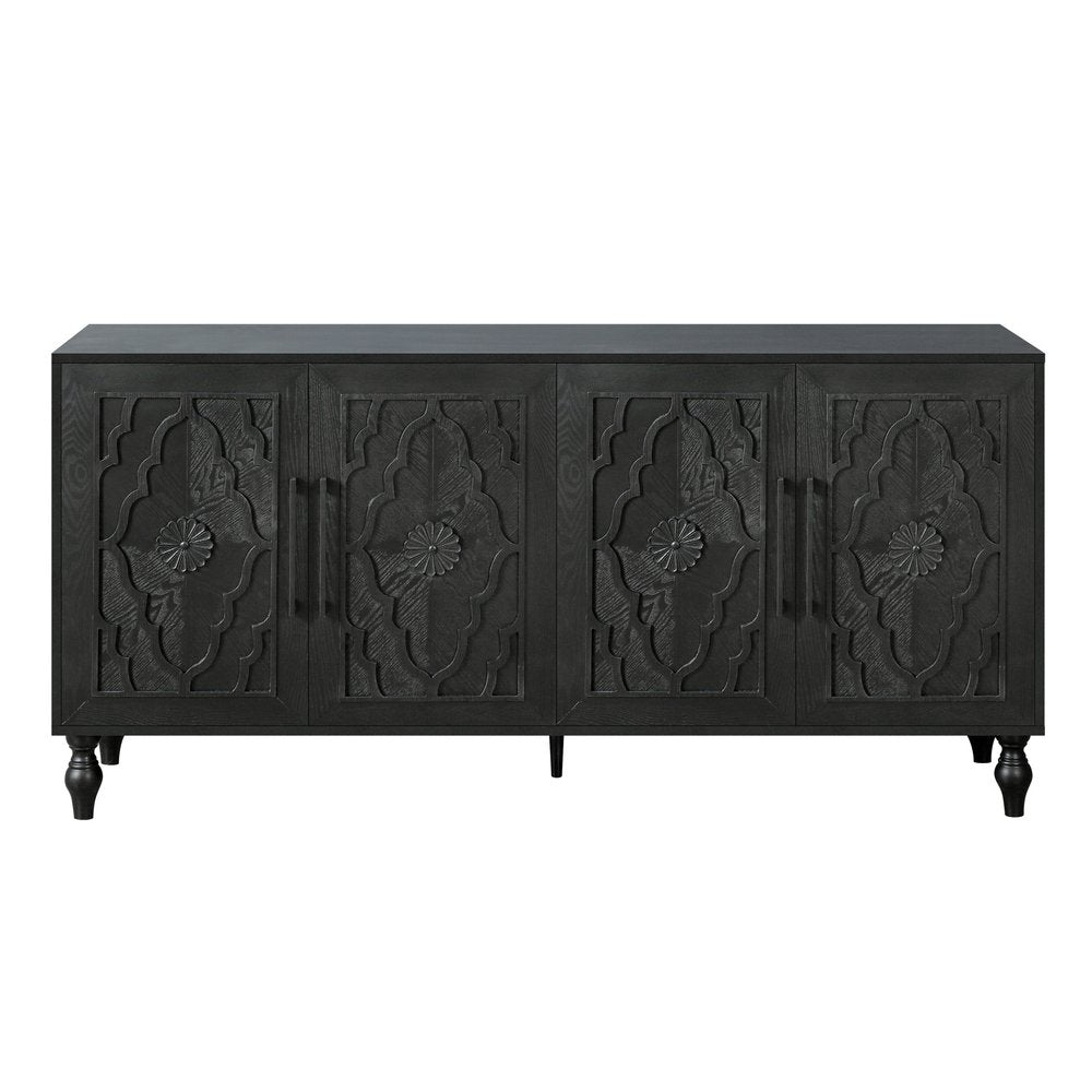 68" Black Distressed Carved Floral Sideboard with Four Doors HomeRoots