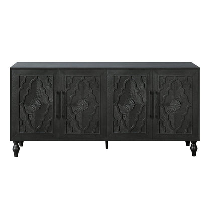 68" Black Distressed Carved Floral Sideboard with Four Doors HomeRoots