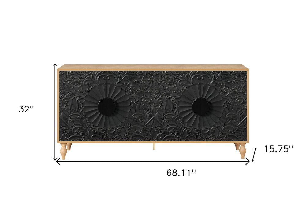 68" Natural and Black Distressed Carved Floral Sideboard with Four Doors HomeRoots