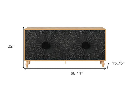 68" Natural and Black Distressed Carved Floral Sideboard with Four Doors HomeRoots
