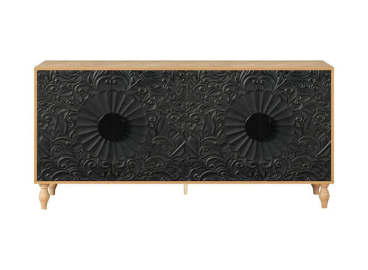 68" Natural and Black Distressed Carved Floral Sideboard with Four Doors HomeRoots