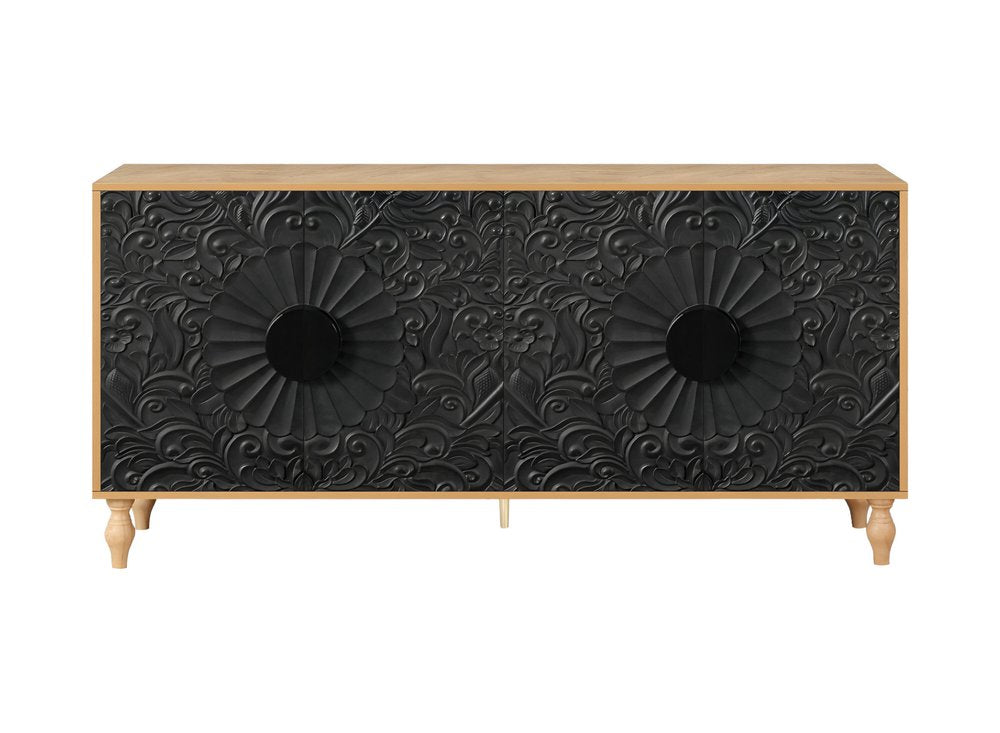 68" Natural and Black Distressed Carved Floral Sideboard with Four Doors HomeRoots