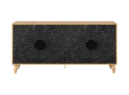68" Natural and Black Distressed Carved Floral Sideboard with Four Doors HomeRoots