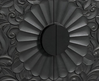 68" Natural and Black Distressed Carved Floral Sideboard with Four Doors HomeRoots