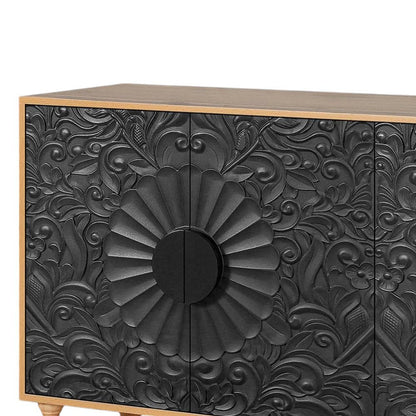 68" Natural and Black Distressed Carved Floral Sideboard with Four Doors HomeRoots