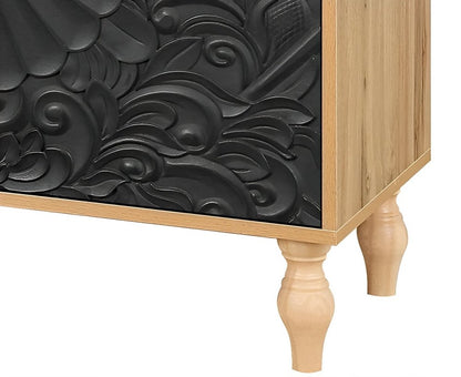 68" Natural and Black Distressed Carved Floral Sideboard with Four Doors HomeRoots