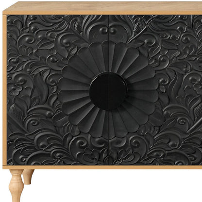 68" Natural and Black Distressed Carved Floral Sideboard with Four Doors HomeRoots