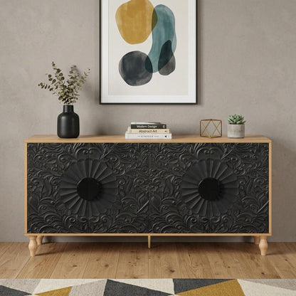 68" Natural and Black Distressed Carved Floral Sideboard with Four Doors HomeRoots