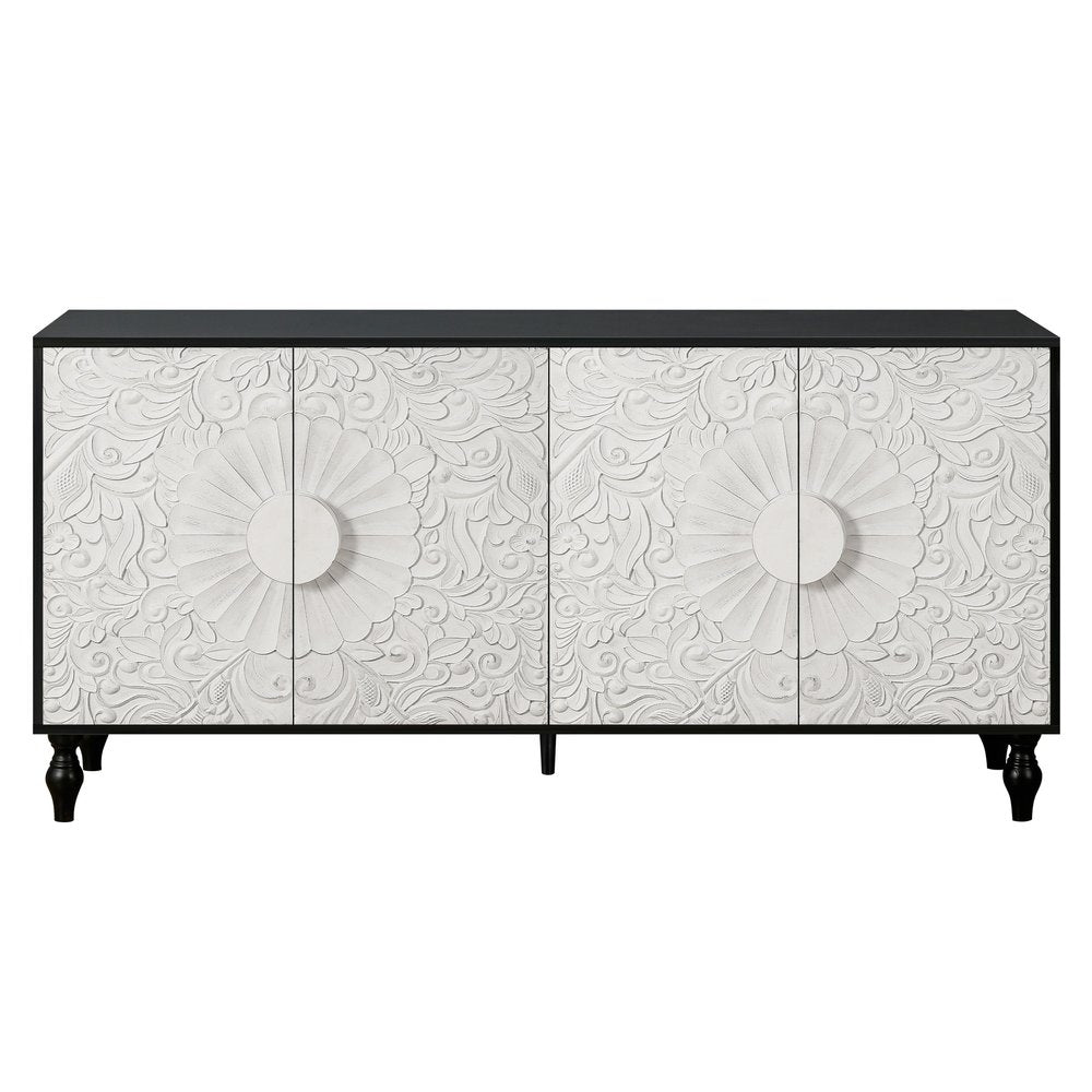 68" Black and White Distressed Carved Floral Sideboard with Four Doors HomeRoots