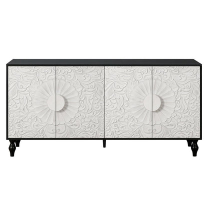 68" Black and White Distressed Carved Floral Sideboard with Four Doors HomeRoots