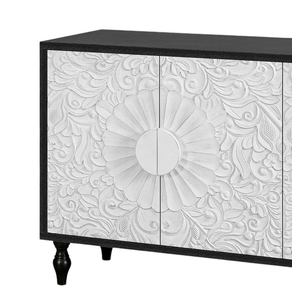 68" Black and White Distressed Carved Floral Sideboard with Four Doors — view 7