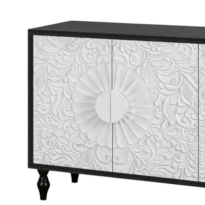 68" Black and White Distressed Carved Floral Sideboard with Four Doors HomeRoots