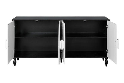 68" Black and White Distressed Carved Floral Sideboard with Four Doors HomeRoots