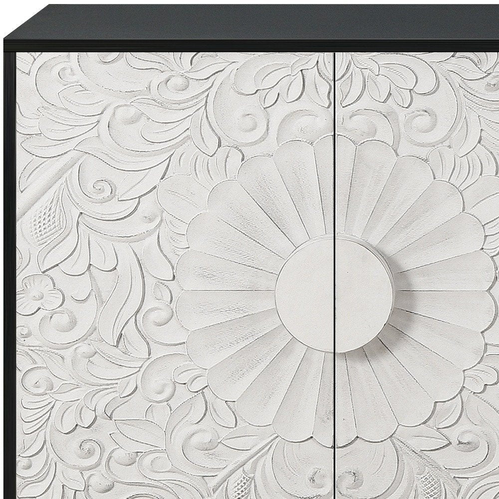 68" Black and White Distressed Carved Floral Sideboard with Four Doors HomeRoots
