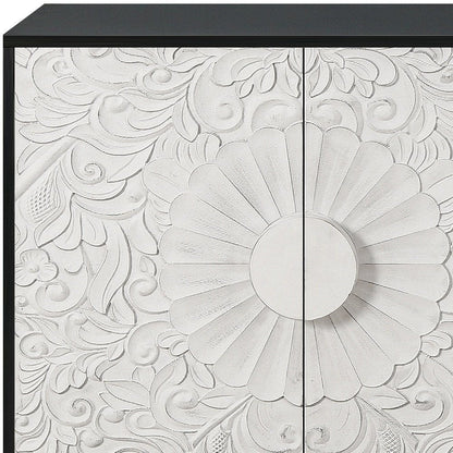 68" Black and White Distressed Carved Floral Sideboard with Four Doors HomeRoots