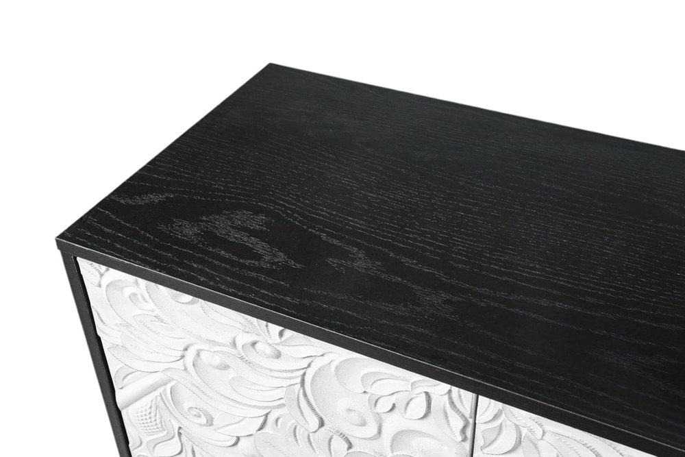 68" Black and White Distressed Carved Floral Sideboard with Four Doors — view 10