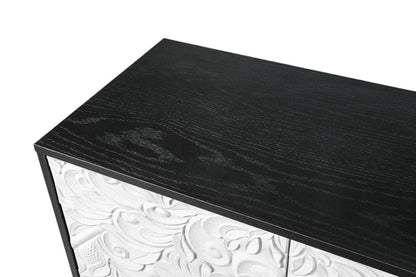 68" Black and White Distressed Carved Floral Sideboard with Four Doors HomeRoots