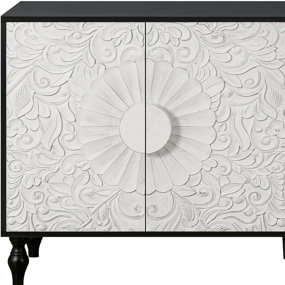 68" Black and White Distressed Carved Floral Sideboard with Four Doors — view 12