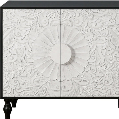 68" Black and White Distressed Carved Floral Sideboard with Four Doors HomeRoots