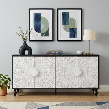 68" Black and White Distressed Carved Floral Sideboard with Four Doors HomeRoots