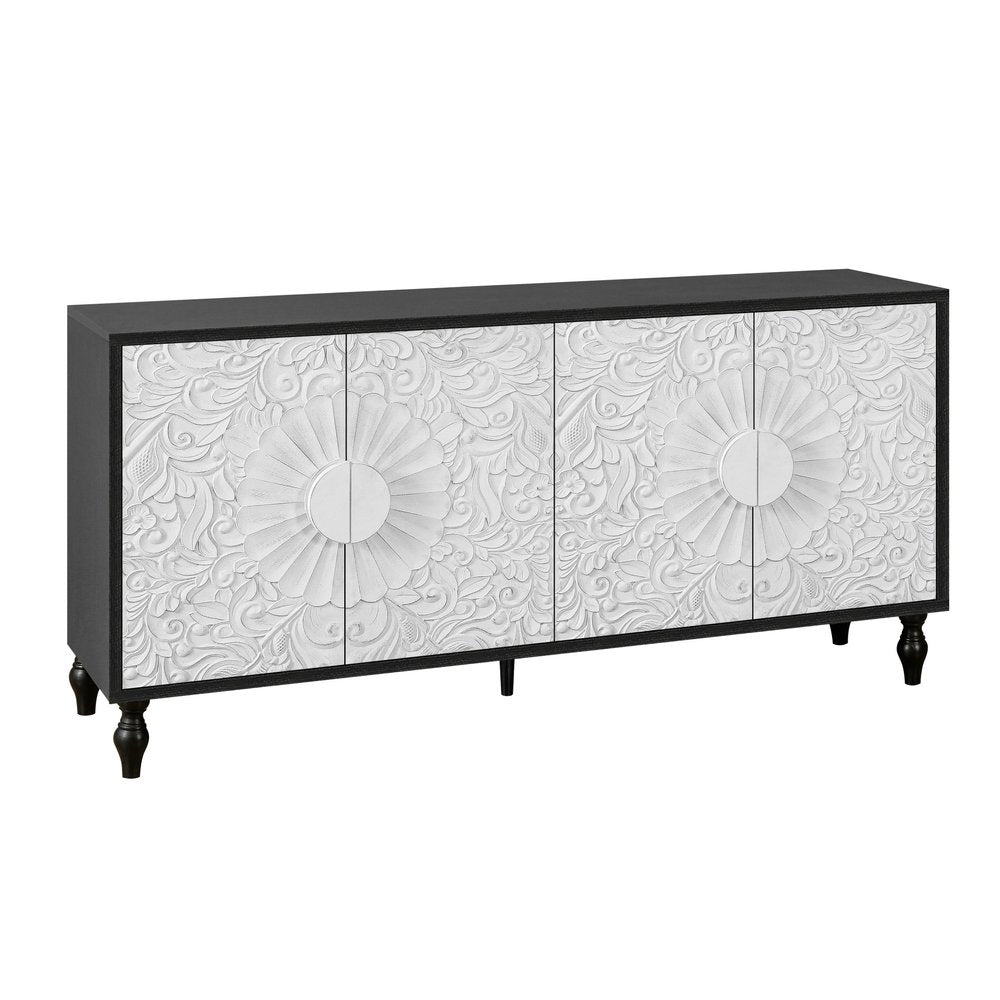 68" Black and White Distressed Carved Floral Sideboard with Four Doors — view 1