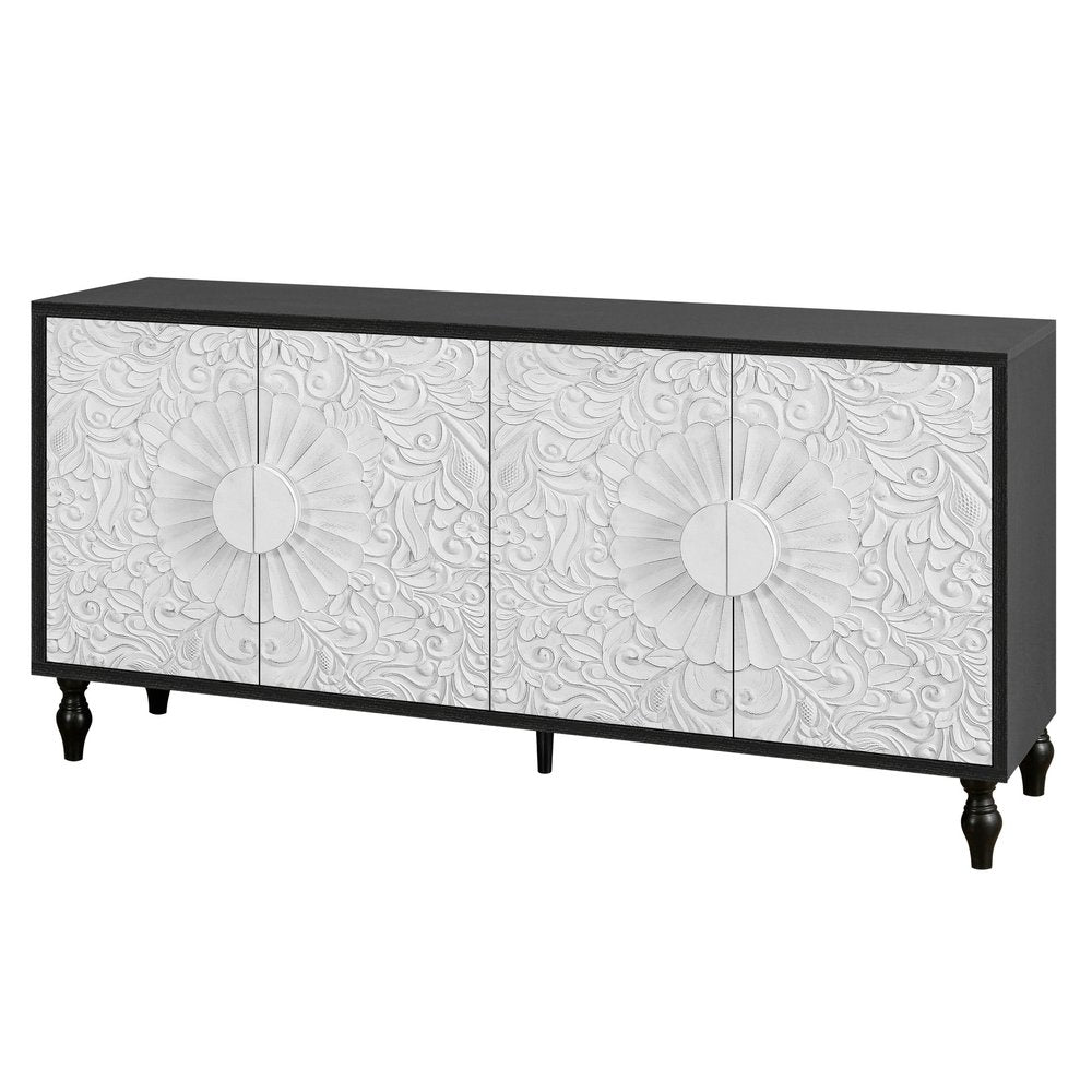 68" Black and White Distressed Carved Floral Sideboard with Four Doors HomeRoots