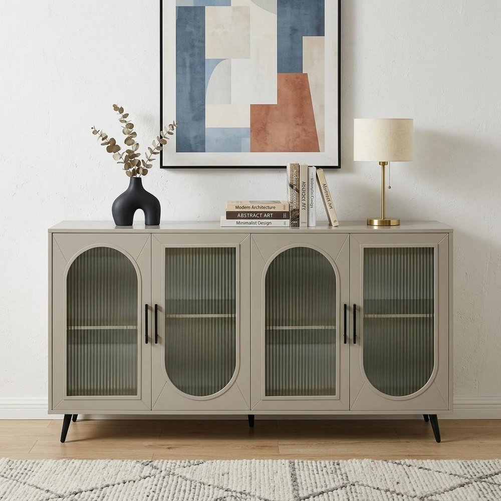 60" Gold Wood And Glass Sideboard with Four Doors HomeRoots