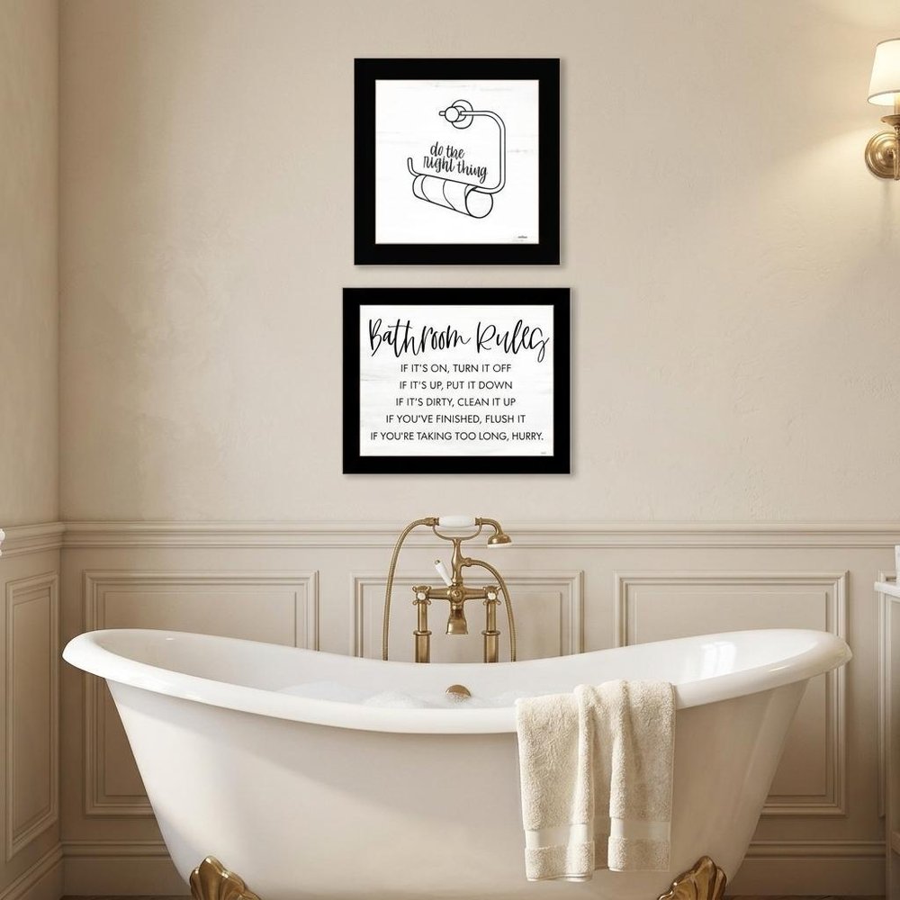 Set Of Two "Bathroom Rules" Black Framed Textual Art Wall Art HomeRoots