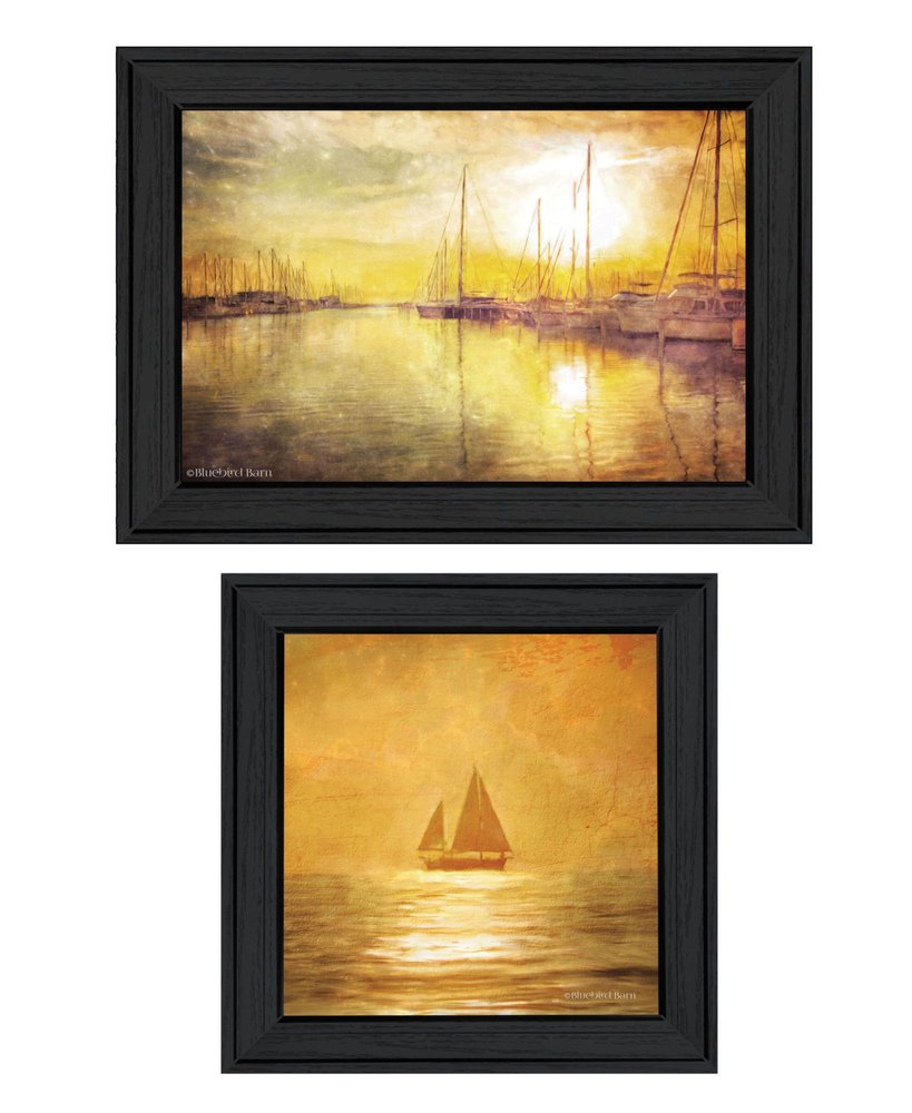 Set Of Two "Golden Solo Sailboats" Black Framed Wall Art — view 1