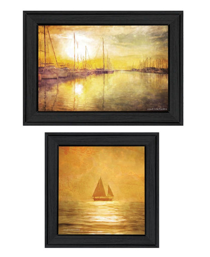 Set Of Two "Golden Solo Sailboats" Black Framed Wall Art HomeRoots