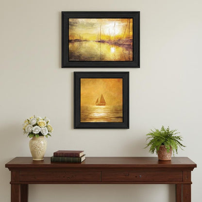 Set Of Two "Golden Solo Sailboats" Black Framed Wall Art HomeRoots