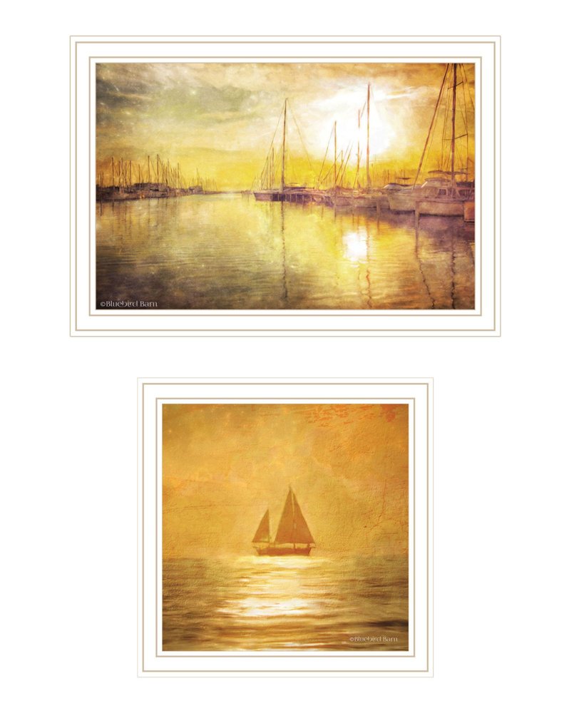 Set Of Two "Golden Solo Sailboats" White Framed Wall Art HomeRoots