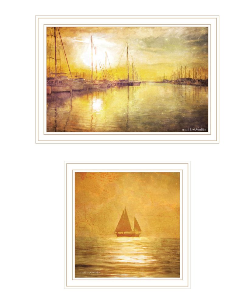 Set Of Two "Golden Solo Sailboats" White Framed Wall Art HomeRoots