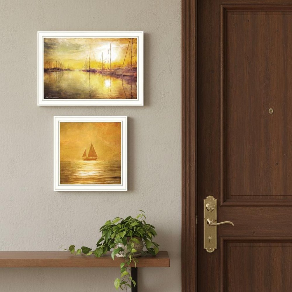 Set Of Two "Golden Solo Sailboats" White Framed Wall Art HomeRoots