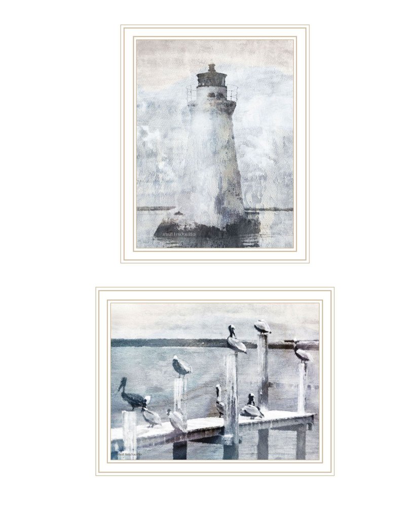 Set Of Two Pelicans View of the Lighthouse White Framed Wall Art HomeRoots