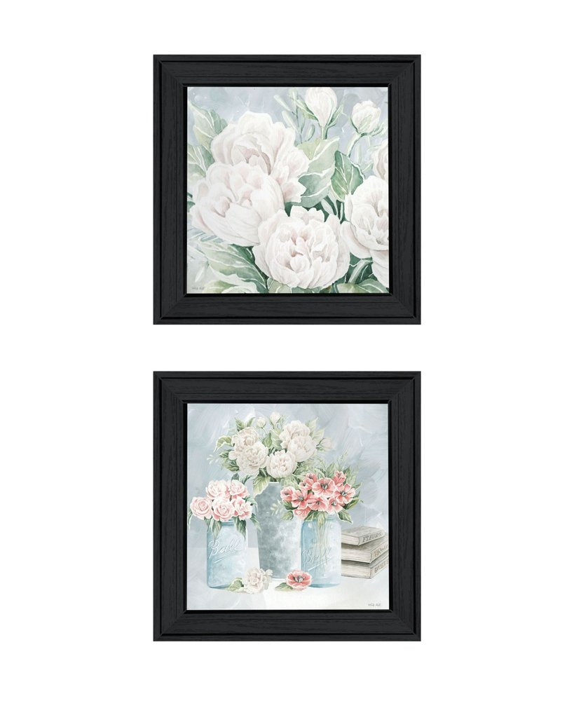 Set Of Two "Peaceful Pastel Peonies" Black Framed Wall Art — view 1